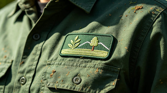 Close‑up of custom landscaping company 3D embroidered patch sewn onto dark green work shirt, with subtle dirt texture on fabric
