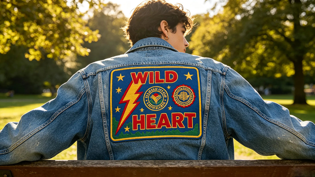 Classic blue denim outer‑wear decorated with a big custom embroidered statement patch on the center‑back panel