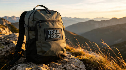 Rugged hiking backpack personalized with large waterproof custom PVC rubber patch on the front panel
