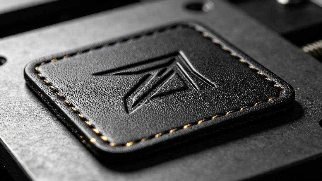 Macro close‑up photograph of laser engraved custom faux leather patch with brand logo