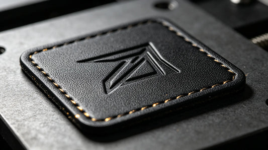 Macro close‑up photograph of laser engraved custom faux leather patch with brand logo