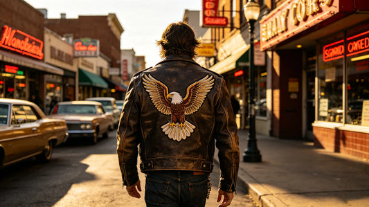 Leather jacket with large eagle custom embroidered patch on back
