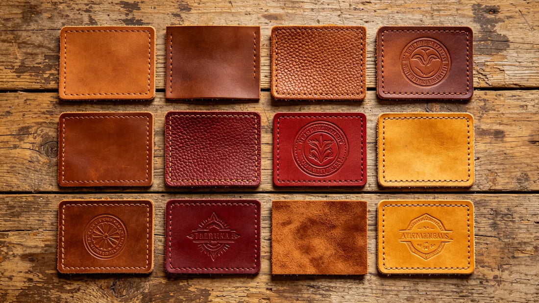 Assorted custom leather patches with embossed, printed and debossed designs