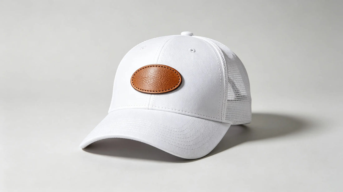 Clean engraved oval custom leather patch on modern white trucker hat front crown