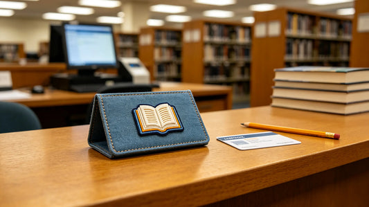 3D embroidered summer reading challenge patch attached to a fabric library cardholder on a library service desk