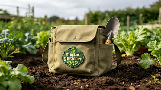 3D embroidered master gardener patch securely sewn onto the outer flap of a canvas gardening tool pouch resting on garden soil
