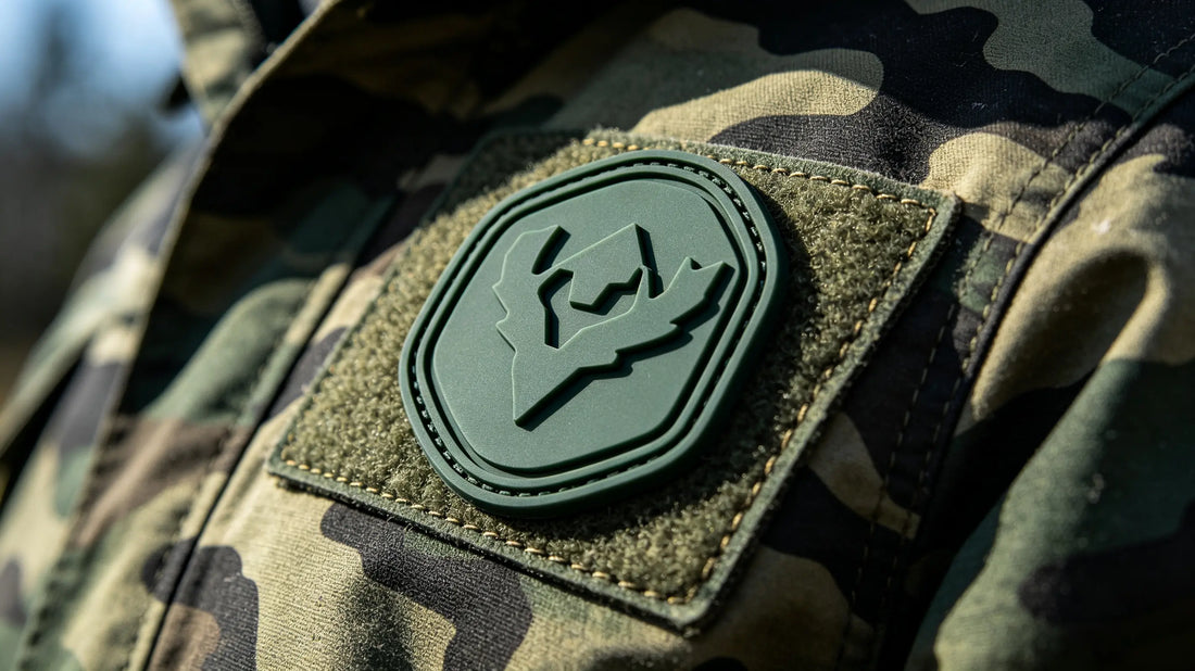 Glare-free matte custom PVC hunting patch fixed on woodland camo outdoor jacket