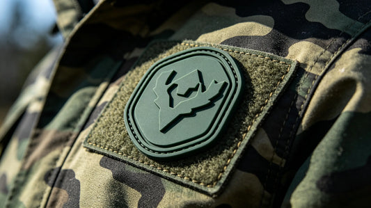 Glare-free matte custom PVC hunting patch fixed on woodland camo outdoor jacket