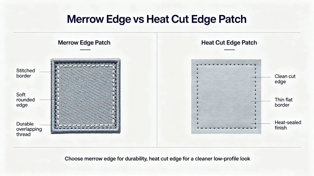 Visual comparison between thick merrow overlock border and flat laser heat cut patch edge