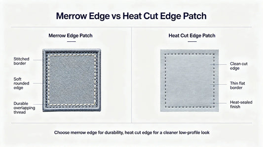 Visual comparison between thick merrow overlock border and flat laser heat cut patch edge