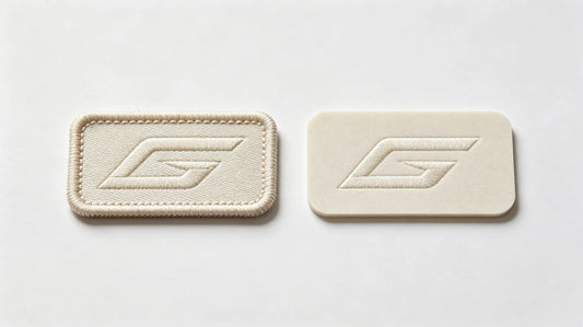 Side-by-side merrow edge and die-cut edge patch border visual contrast