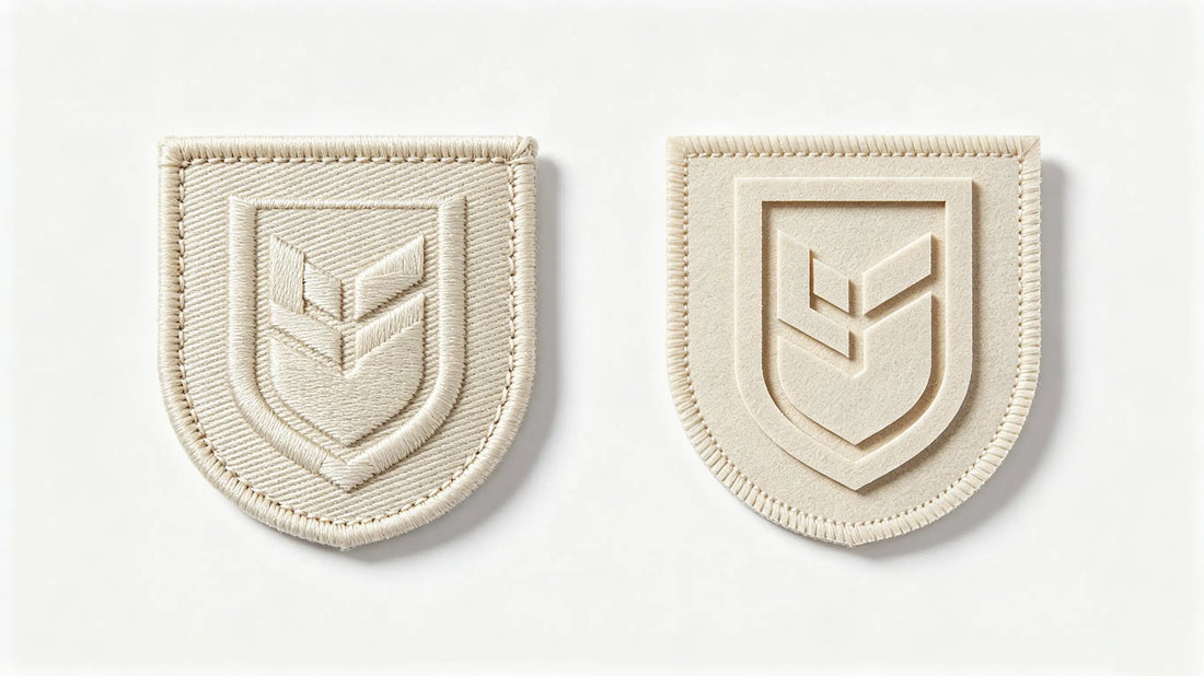 Merrow wrapped border patch and plain die-cut patch placed for direct edge contrast