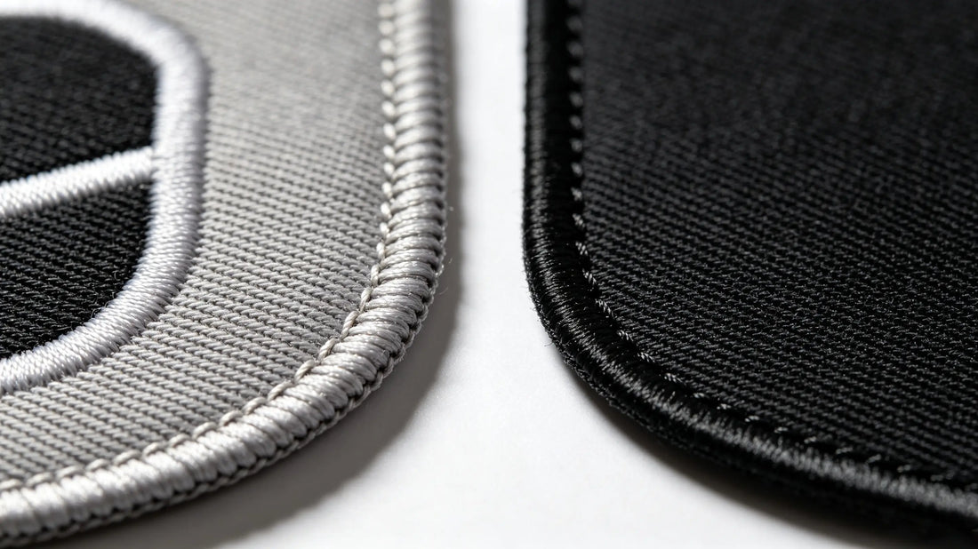 Direct visual comparison showing the difference between merrow stitched border and heat‑cut laser patch edge