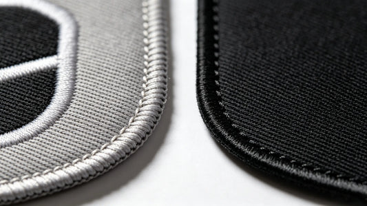Direct visual comparison showing the difference between merrow stitched border and heat‑cut laser patch edge