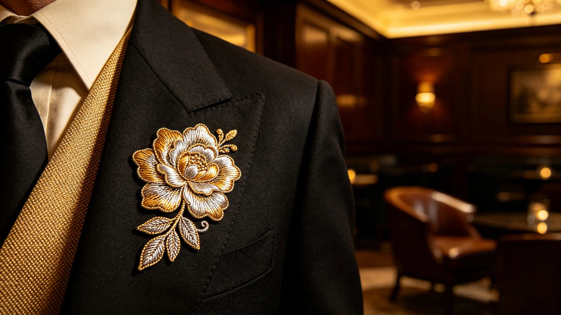 Shiny metallic thread embroidery patch on formal blazer for high-end club pride