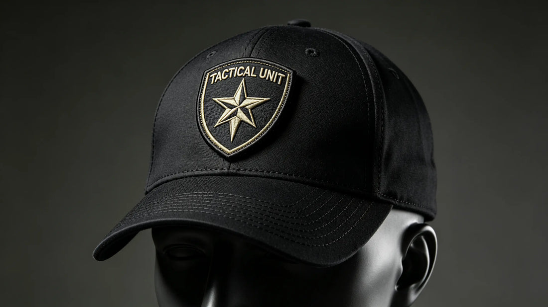 Tactical unit crest 3D embroidered patch sewn on front of black tactical cap, showing raised embossed stitching texture.