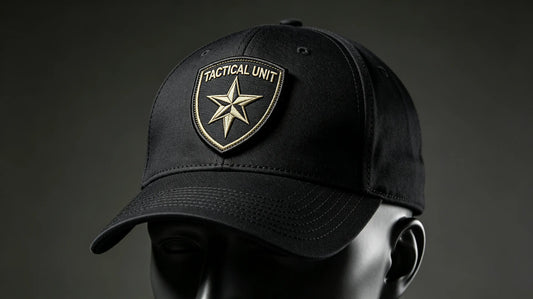 Tactical unit crest 3D embroidered patch sewn on front of black tactical cap, showing raised embossed stitching texture.