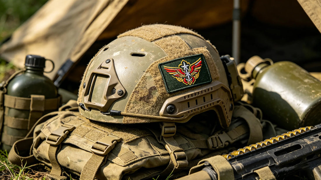 Tactical helmet with custom embroidered morale patch at military camp