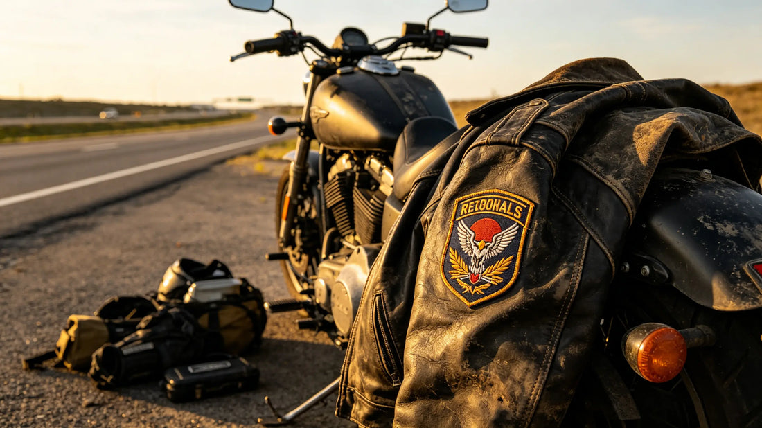 Bold morale patch on leather motorcycle jacket for riders