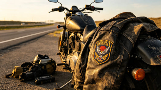 Bold morale patch on leather motorcycle jacket for riders
