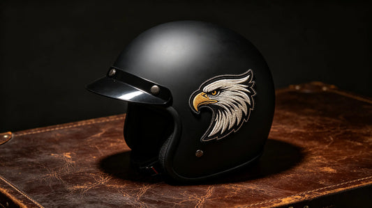 Thick 3D embroidered biker club badge fixed on the side of matte black motorcycle helmet, prominent raised embossed profile.