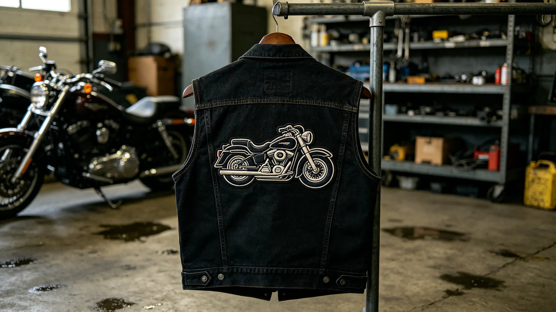 Large 3D puff motorcycle club crest patch sewn on the back of black denim biker vest, garage ambient lighting.