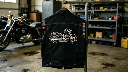 Large 3D puff motorcycle club crest patch sewn on the back of black denim biker vest, garage ambient lighting.