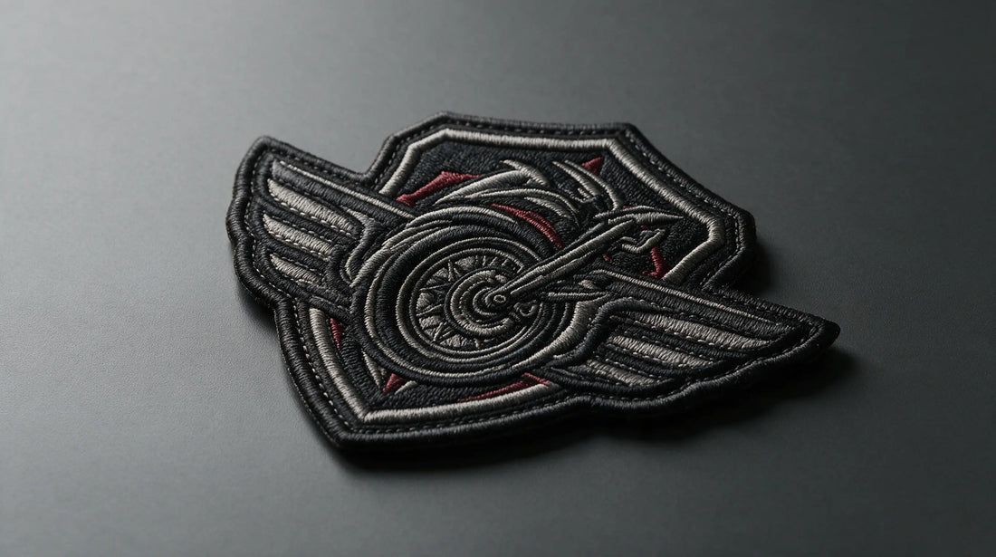 Single rugged biker 3D raised foam embroidered patch, dark tone studio product shot, pronounced layered embroidery relief.