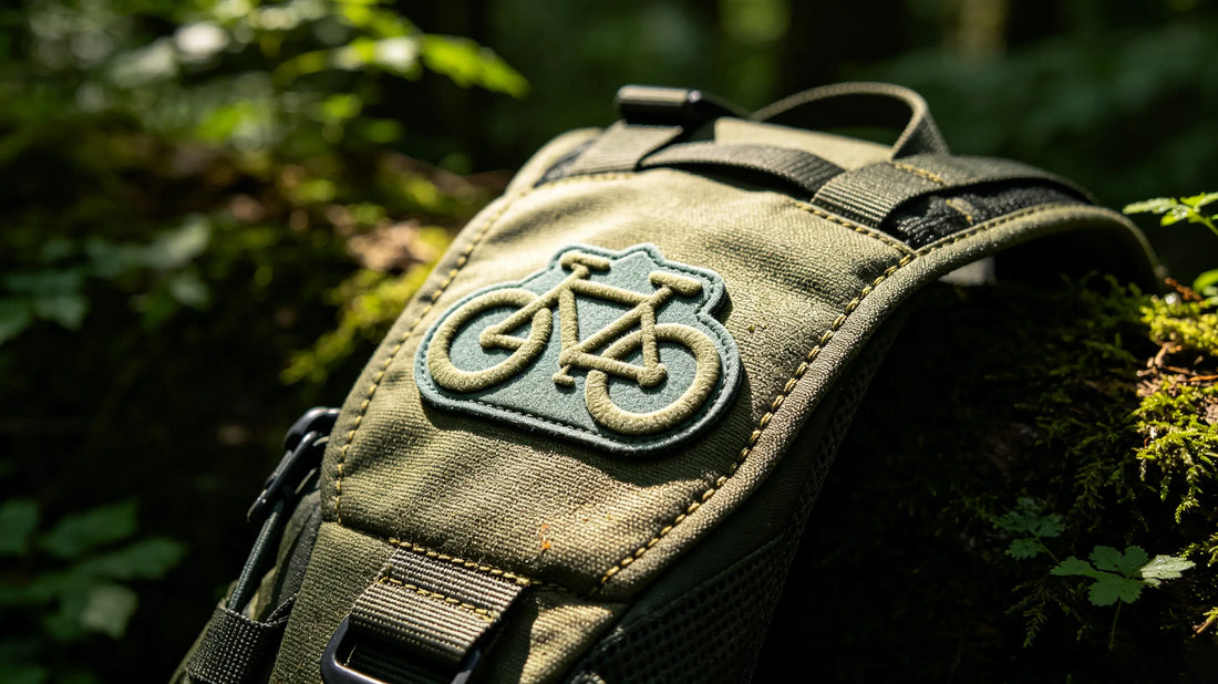 3D embroidered mountain bike club patch attached to hydration pack shoulder strap on forest trail