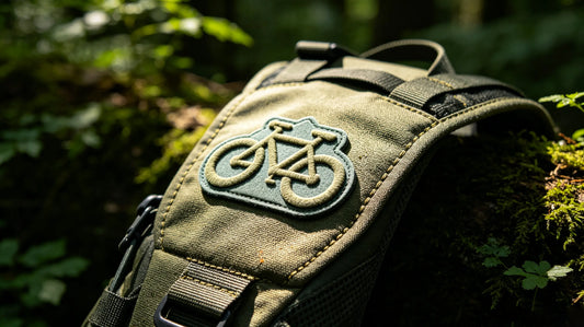 3D embroidered mountain bike club patch attached to hydration pack shoulder strap on forest trail