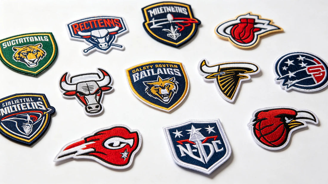 Baseball, basketball, football themed team patches grouped for craft comparison