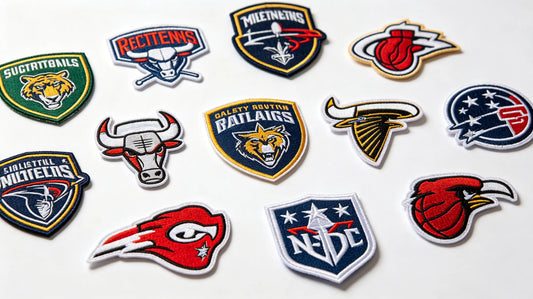 Baseball, basketball, football themed team patches grouped for craft comparison
