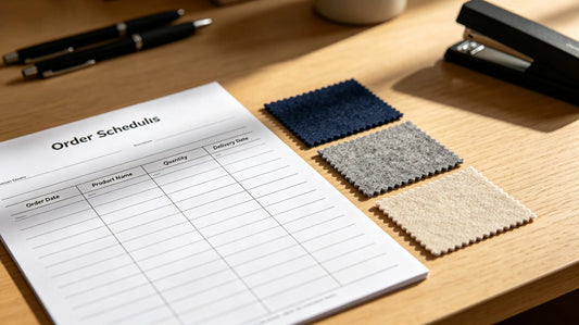 Printed patch order progress timeline checklist marked with each production phase