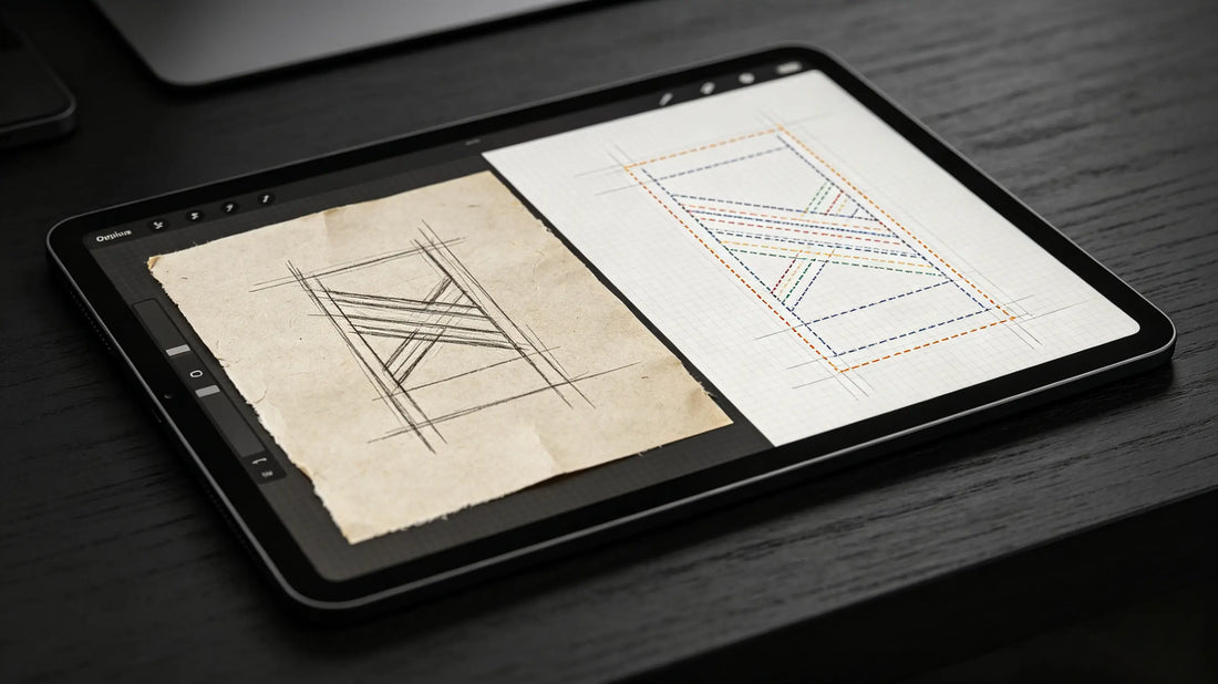 Original vector design next to digital stitch preview screenshot for patch embroidery
