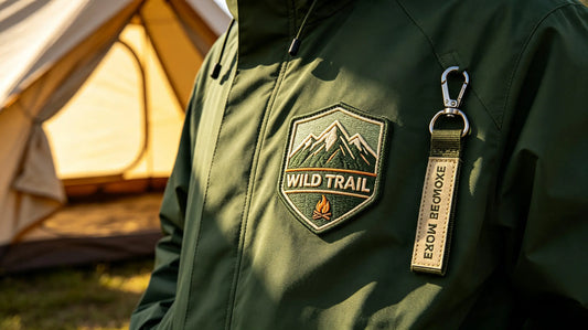 Adventure badge 3D puff embroidery patch placed on a folded camping jacket next to a metal carabiner and woven gear label.
