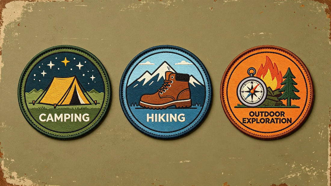 Series of themed patches for camping, hiking and wilderness adventure