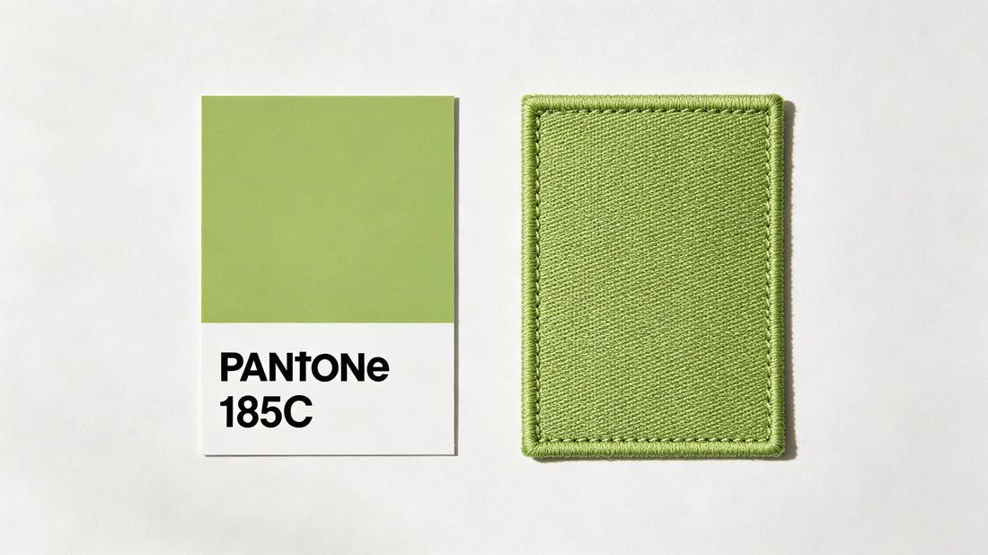 Buyer comparing finished patch color against standard Pantone printed swatch book