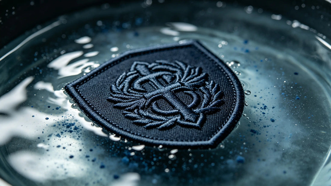 Demonstration of normal minor floating dye on new dark custom patch during pre-wash soak