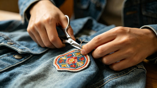 rimming loose threads of an embroidered patch on a denim jacket for daily maintenance