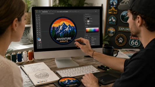 Designer optimizing custom embroidered patch artwork with finished patch nearby