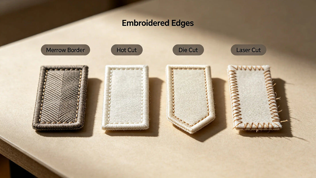 Four mainstream edge finishing styles displayed side by side for embroidered patches