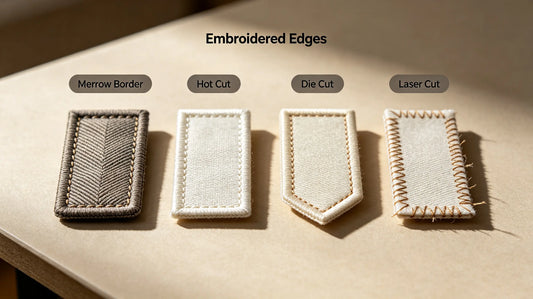 Four mainstream edge finishing styles displayed side by side for embroidered patches