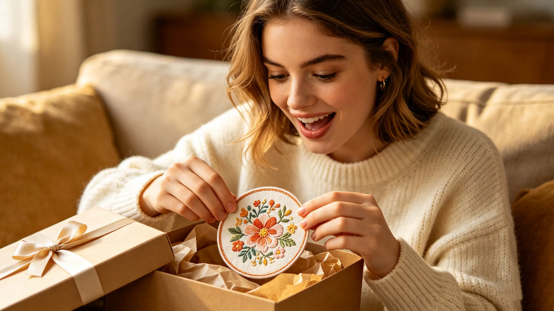 Surprised recipient opening custom patch gift