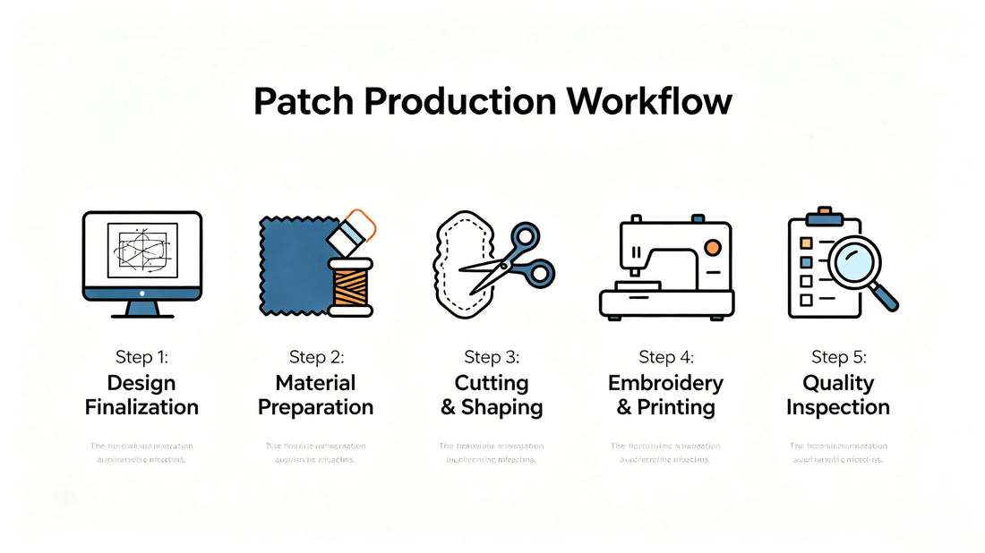Infographic showing full order flow: artwork confirmation → sampling → bulk production → packing → shipment