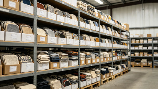 Neatly classified finished patch bulk inventory stored in reseller warehouse shelves