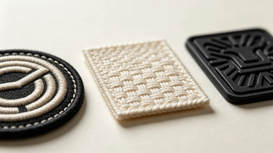 Close-up texture comparison of embroidered, woven, and PVC patches