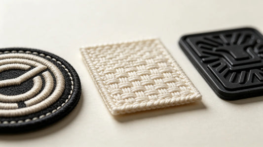 Close-up texture comparison of embroidered, woven, and PVC patches