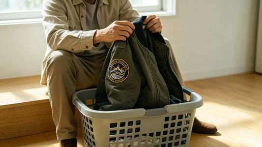 Clothing jacket turned inside‑out to protect custom patch before laundry washing