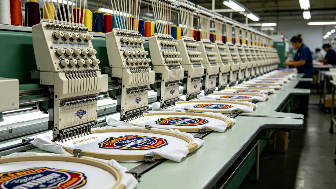 Industrial embroidery machines hard at work manufacturing finished custom patch orders