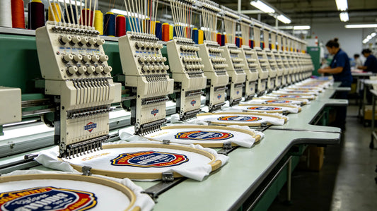 Industrial embroidery machines hard at work manufacturing finished custom patch orders